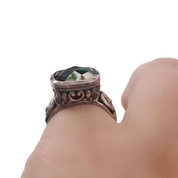 VTG 925 Sterling Silver Faceted Onyx Scroll Filigree Ring Size 6.75 Wide Band - Picture 4 of 11